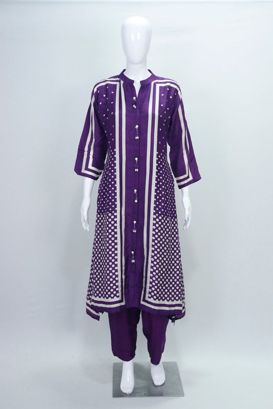 Purple Bandhani Print Straight Kurta Set Festive Ethnic Wear Kurti Set with Front Tassel Buttons - Mangaldeep NX
