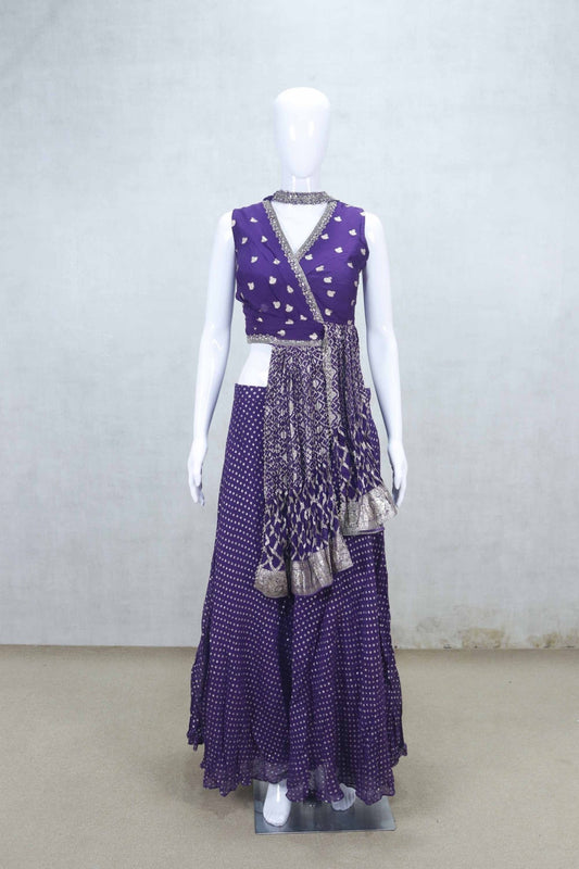 Purple Bandhani Printed Sharara Set with Embroidered Choli and Dupatta - Mangaldeep NX