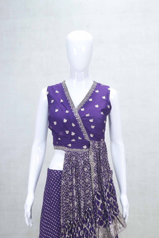 Purple Bandhani Printed Sharara Set with Embroidered Choli and Dupatta - Mangaldeep NX