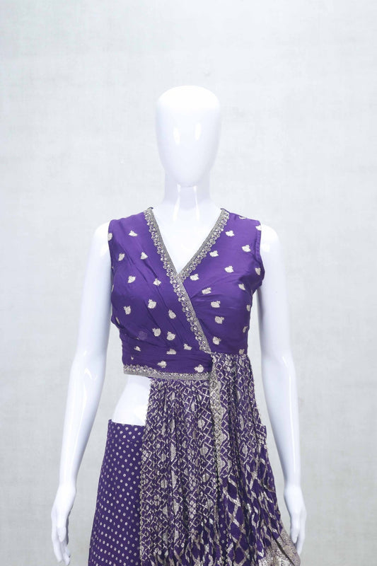 Purple Bandhani Printed Sharara Set with Embroidered Choli and Dupatta - Mangaldeep NX