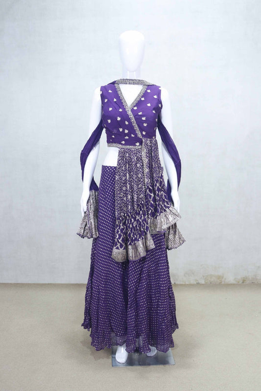 Purple Bandhani Printed Sharara Set with Embroidered Choli and Dupatta - Mangaldeep NX