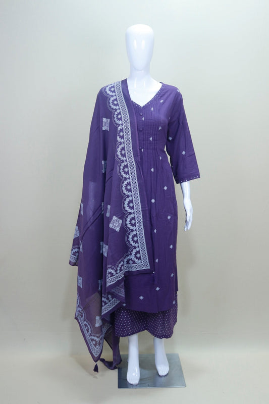 Purple Bandhej Print Cotton Kurta Set with Embroidered Dupatta - Mangaldeep NX