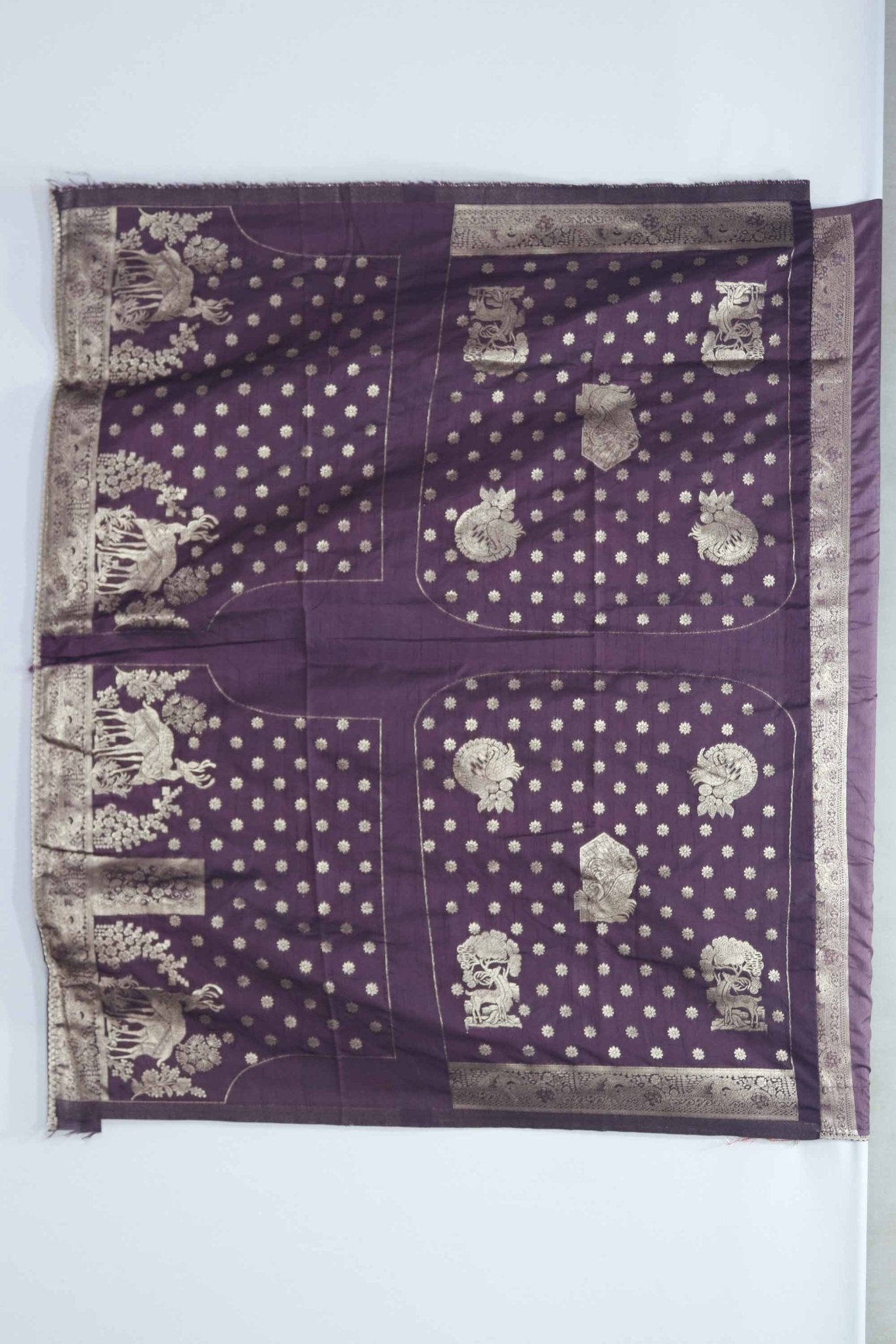 Purple Bangalori Silk Saree with Silver Zari Deer and Forest Weaving - Mangaldeep NX