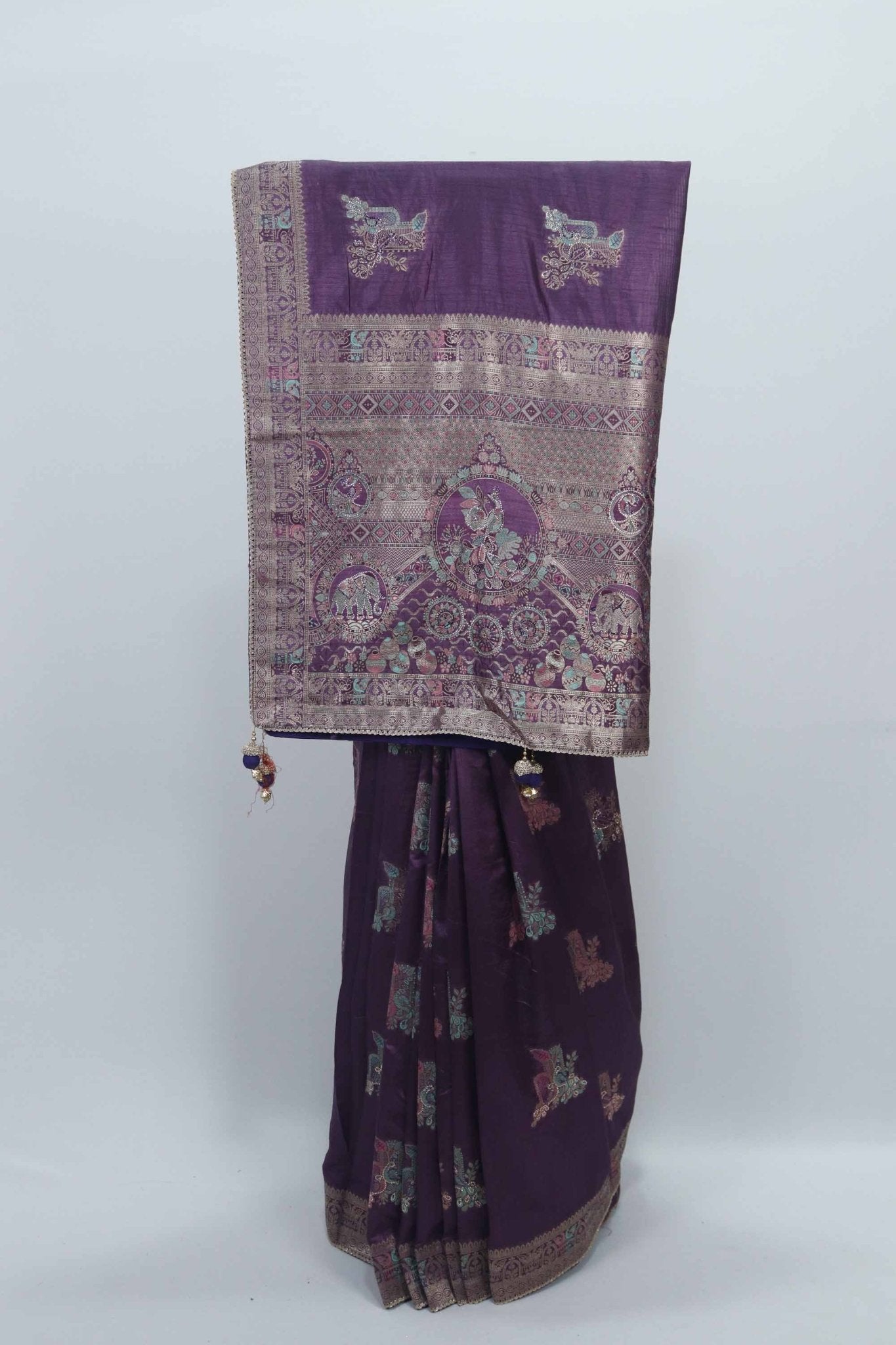Purple Bangalori Silk Saree with Zari Woven Pallu and Traditional Peacock - Elephant Motifs - Mangaldeep NX