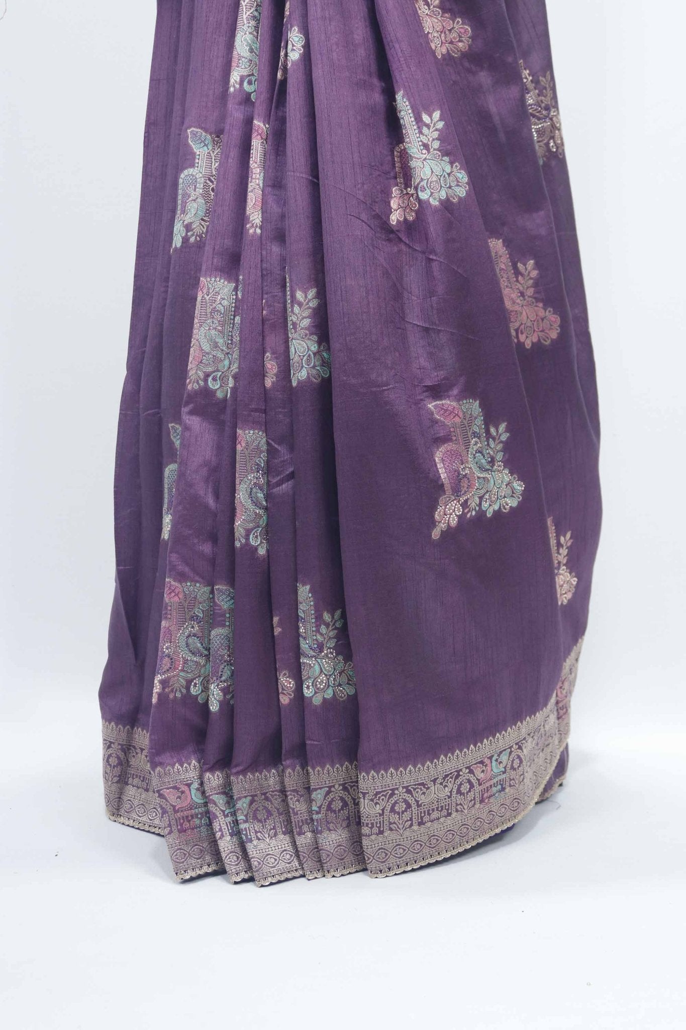 Purple Bangalori Silk Saree with Zari Woven Pallu and Traditional Peacock - Elephant Motifs - Mangaldeep NX