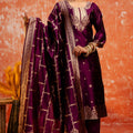 Purple Cotton Blend Straight Suit Set with Zari Embroidery and Dupatta - Mangaldeep NX