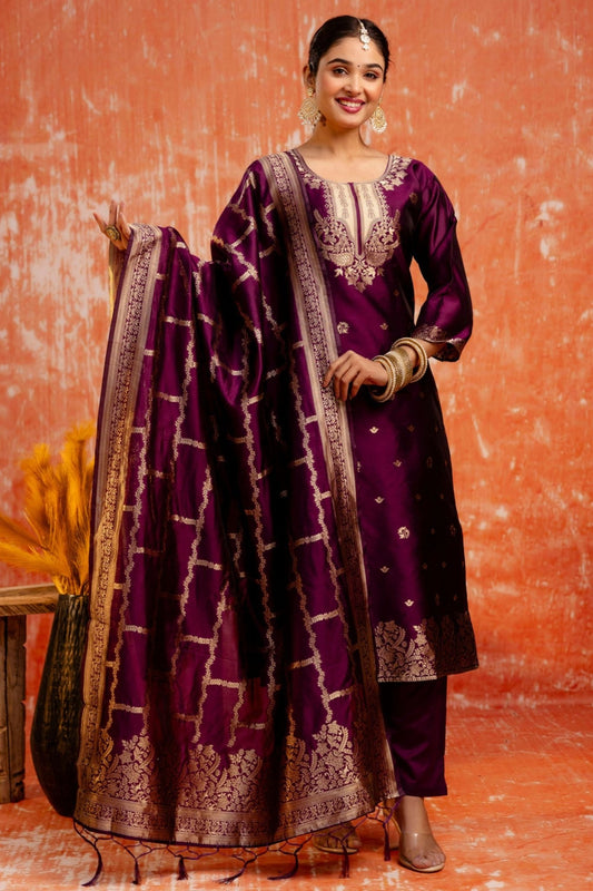 Purple Cotton Blend Straight Suit Set with Zari Embroidery and Dupatta - Mangaldeep NX