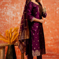 Purple Cotton Blend Straight Suit Set with Zari Embroidery and Dupatta - Mangaldeep NX