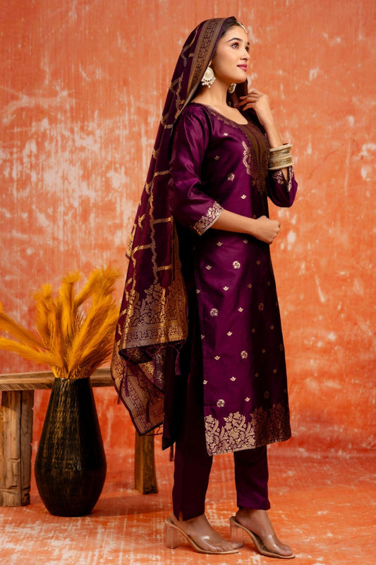 Purple Cotton Blend Straight Suit Set with Zari Embroidery and Dupatta - Mangaldeep NX