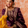 Purple Cotton Blend Straight Suit Set with Zari Embroidery and Dupatta - Mangaldeep NX