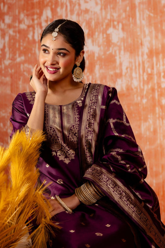 Purple Cotton Blend Straight Suit Set with Zari Embroidery and Dupatta - Mangaldeep NX