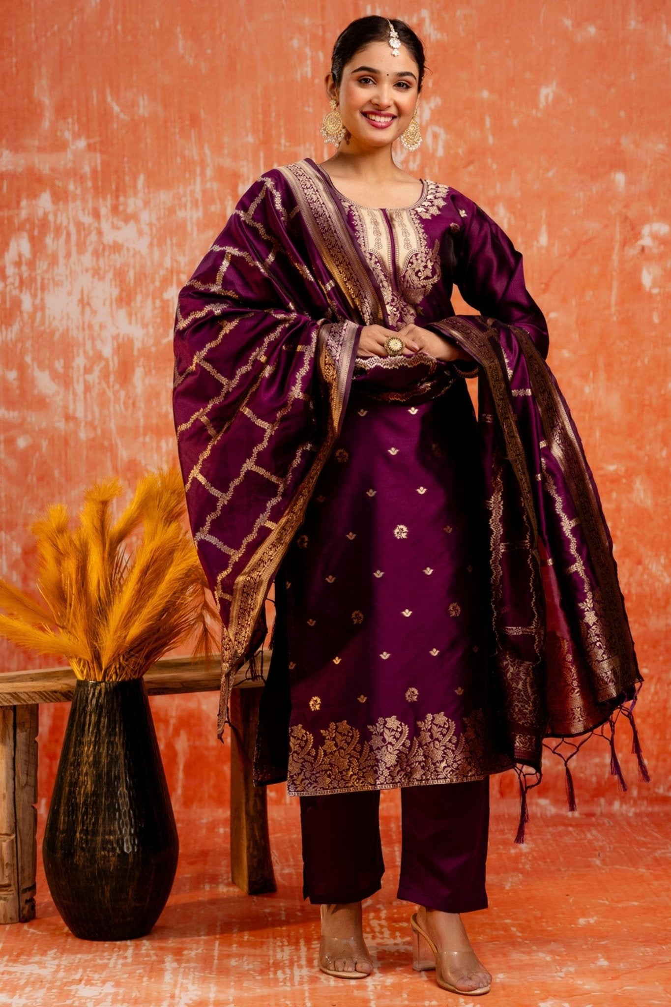 Purple Cotton Blend Straight Suit Set with Zari Embroidery and Dupatta - Mangaldeep NX