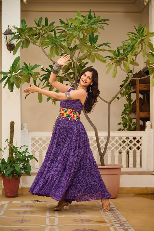Purple Cotton Gown with Multicolor Embroidered Belt - Mangaldeep NX