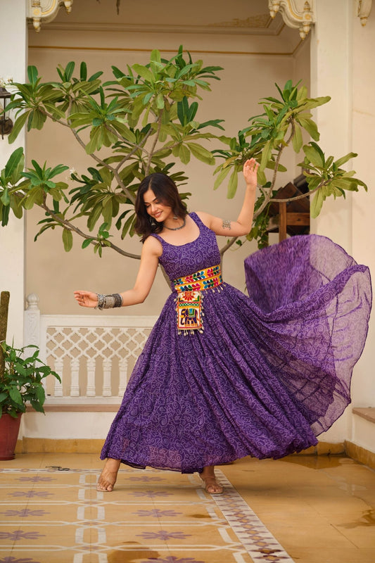 Purple Cotton Gown with Multicolor Embroidered Belt - Mangaldeep NX