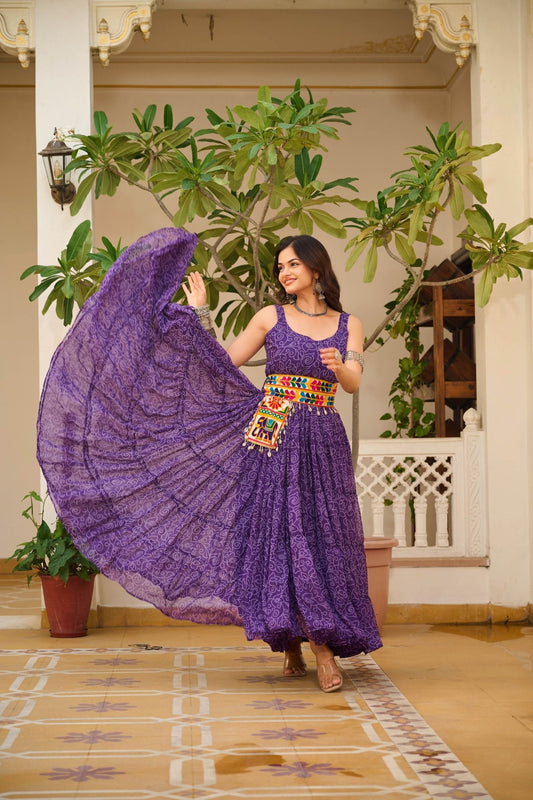 Purple Cotton Gown with Multicolor Embroidered Belt - Mangaldeep NX