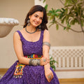 Purple Cotton Gown with Multicolor Embroidered Belt - Mangaldeep NX