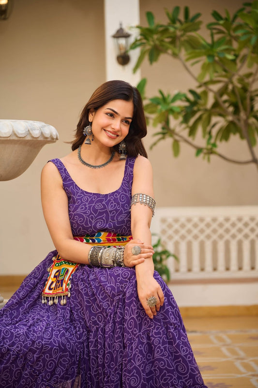 Purple Cotton Gown with Multicolor Embroidered Belt - Mangaldeep NX