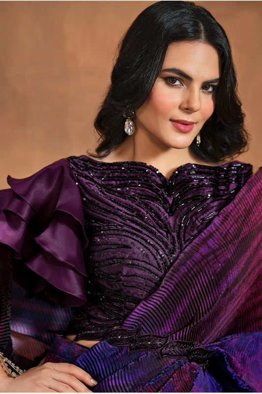 Purple Crushed Pre - Draped One Minute Saree With Belt - Mangaldeep NX