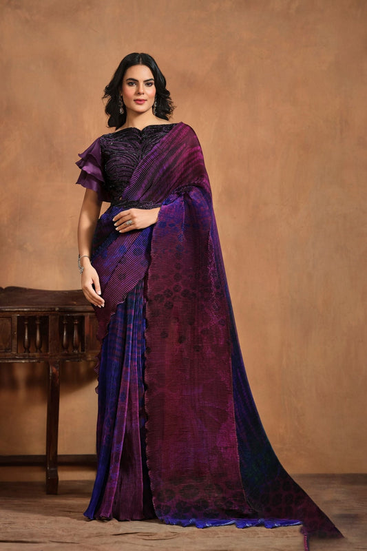 Purple Crushed Pre - Draped One Minute Saree With Belt - Mangaldeep NX