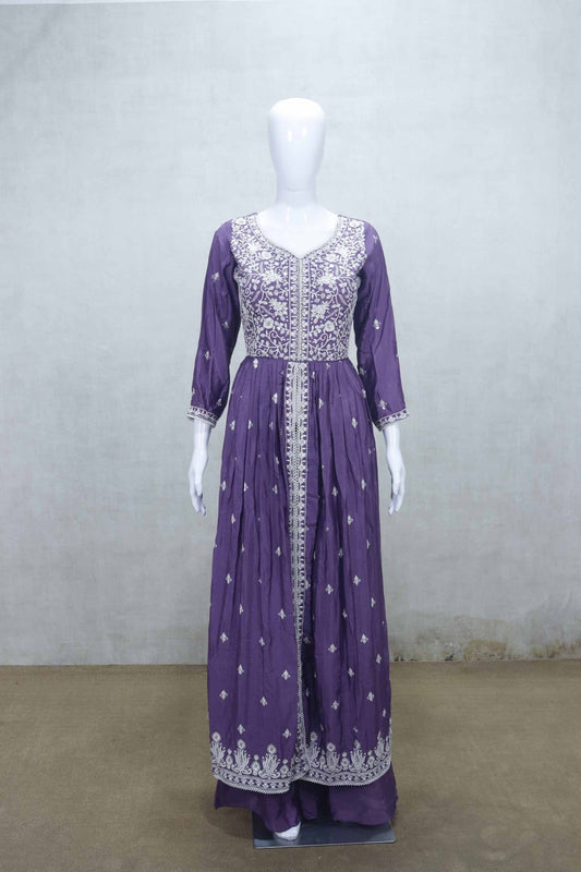 Purple Embroidered Anarkali Kurta with Palazzo Pants and Dupatta - Mangaldeep NX