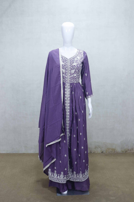 Purple Embroidered Anarkali Kurta with Palazzo Pants and Dupatta - Mangaldeep NX