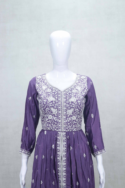 Purple Embroidered Anarkali Kurta with Palazzo Pants and Dupatta - Mangaldeep NX