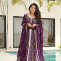 Purple Embroidered Anarkali Suit with Dupatta For Festival - Mangaldeep NX