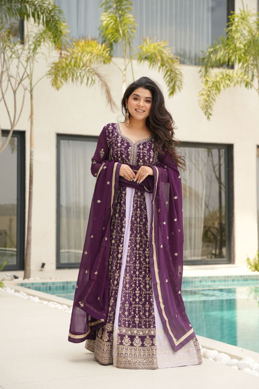 Purple Embroidered Anarkali Suit with Dupatta For Festival - Mangaldeep NX
