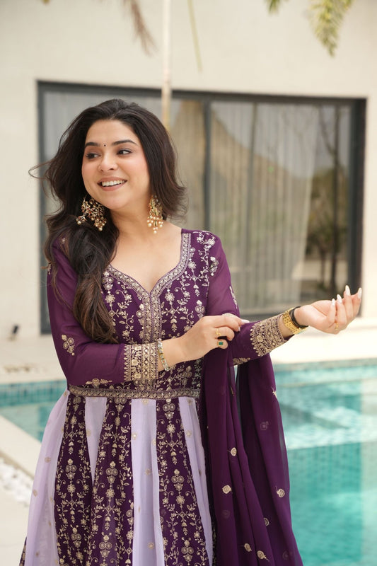 Purple Embroidered Anarkali Suit with Dupatta For Festival - Mangaldeep NX