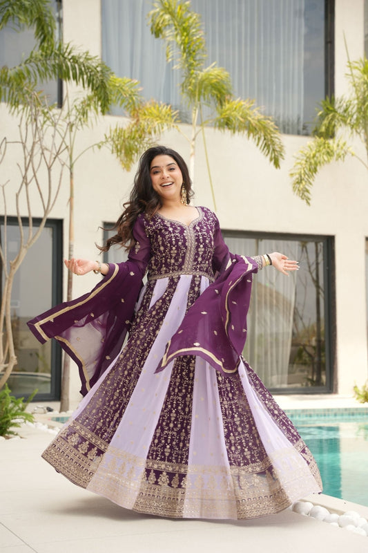 Purple Embroidered Anarkali Suit with Dupatta For Festival - Mangaldeep NX