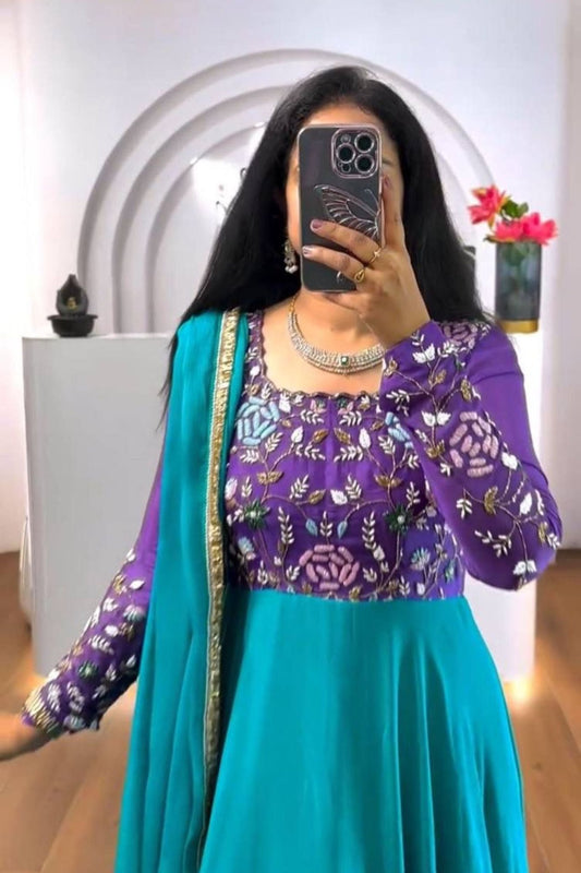 Purple Embroidered Bodice Teal Flared Anarkali Gown for Women with Dupatta - Mangaldeep NX