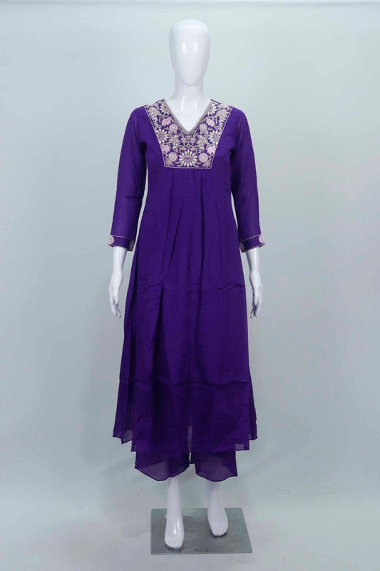Purple Embroidered Cotton Straight Suit Set with Printed Dupatta - Mangaldeep NX
