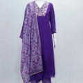 Purple Embroidered Cotton Straight Suit Set with Printed Dupatta - Mangaldeep NX