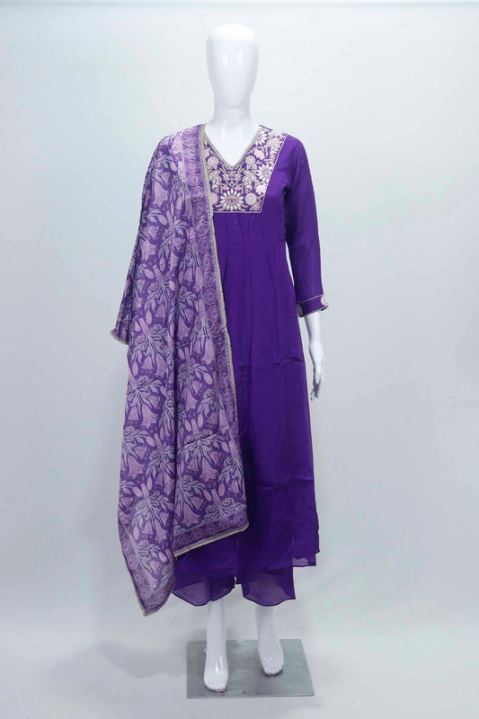 Purple Embroidered Cotton Straight Suit Set with Printed Dupatta - Mangaldeep NX