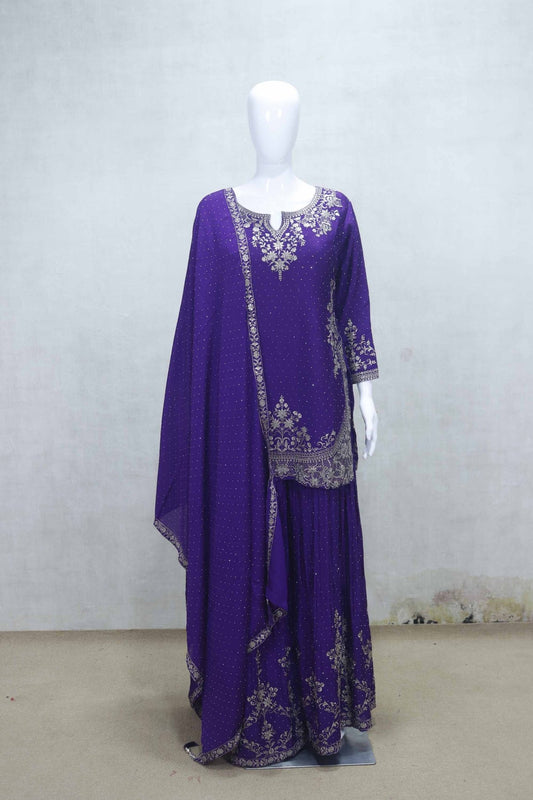 Purple Embroidered Georgette Kurta Sharara Set with Dupatta for Festive Wear - Mangaldeep NX