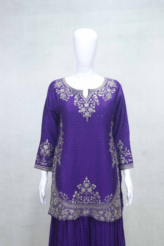 Purple Embroidered Georgette Kurta Sharara Set with Dupatta for Festive Wear - Mangaldeep NX
