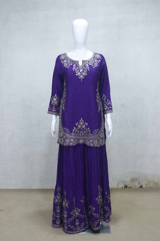 Purple Embroidered Georgette Kurta Sharara Set with Dupatta for Festive Wear - Mangaldeep NX