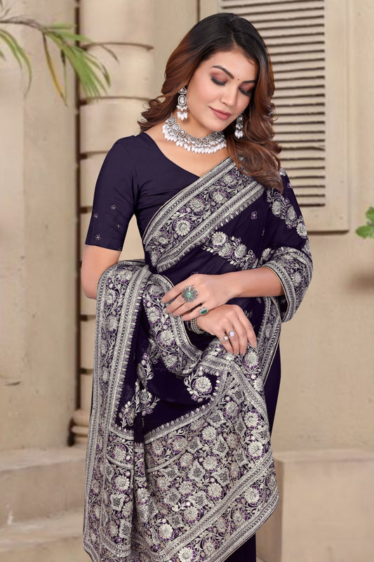 Purple Embroidered Georgette Saree with Silver Floral Thread Work and Matching Blouse Piece - Mangaldeep NX