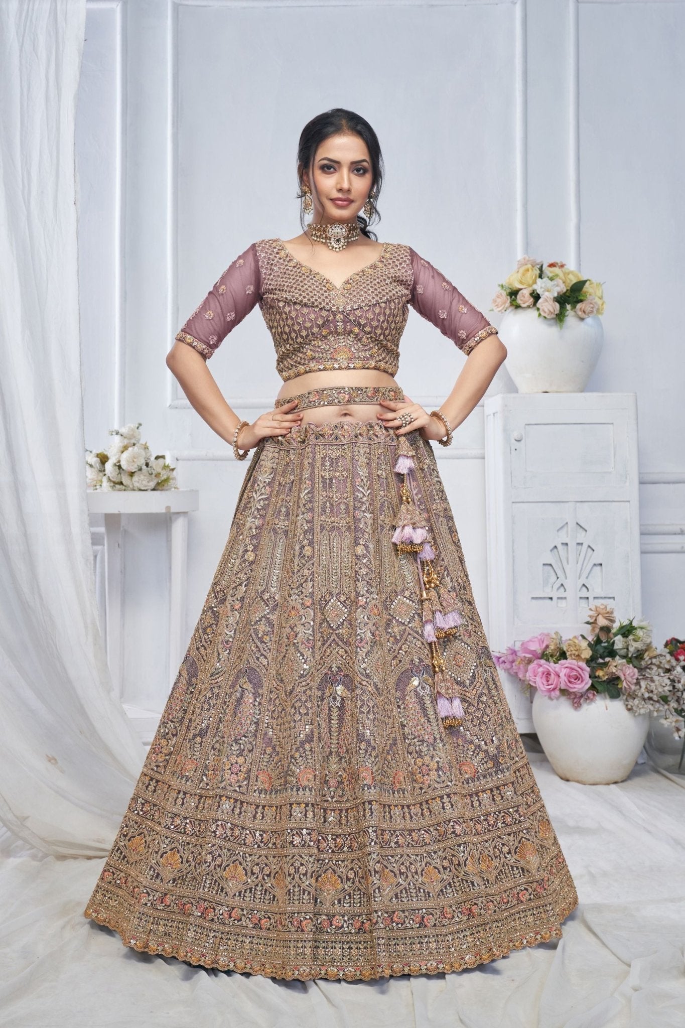 Purple Embroidered Net Lehenga Choli with Heavy Zari Work and Floral Sequin Dupatta - Mangaldeep NX