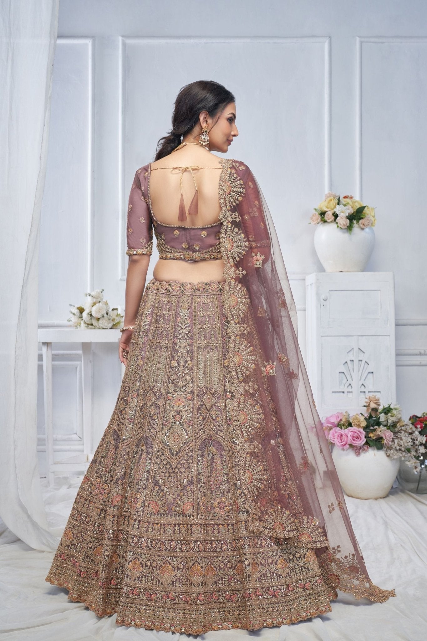 Purple Embroidered Net Lehenga Choli with Heavy Zari Work and Floral Sequin Dupatta - Mangaldeep NX