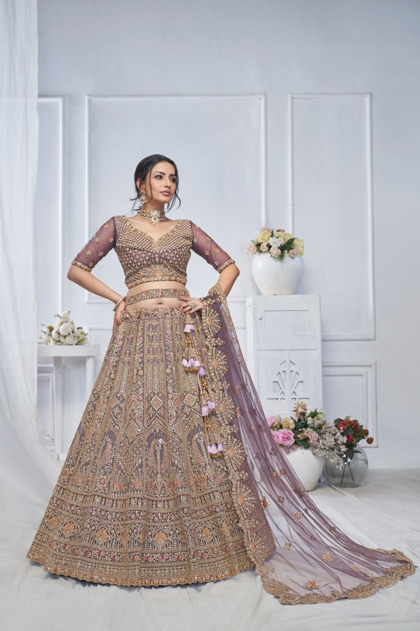 Purple Embroidered Net Lehenga Choli with Heavy Zari Work and Floral Sequin Dupatta - Mangaldeep NX