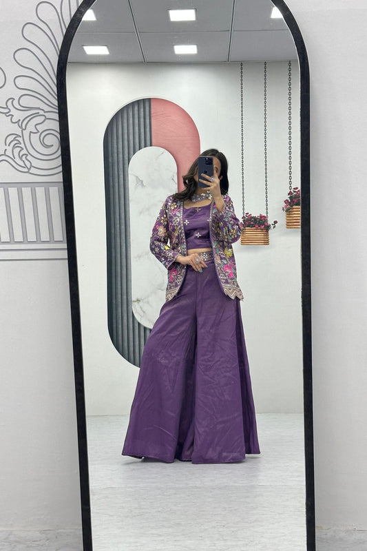 Purple Embroidered Palazzo Suit with Crop Top and Jacket for Women - Mangaldeep NX