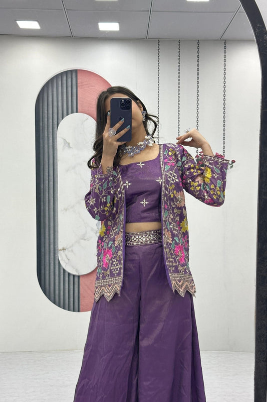 Purple Embroidered Palazzo Suit with Crop Top and Jacket for Women - Mangaldeep NX