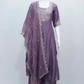 Purple Embroidered Pashmina Silk Straight Suit Set with Scalloped Dupatta - Mangaldeep NX