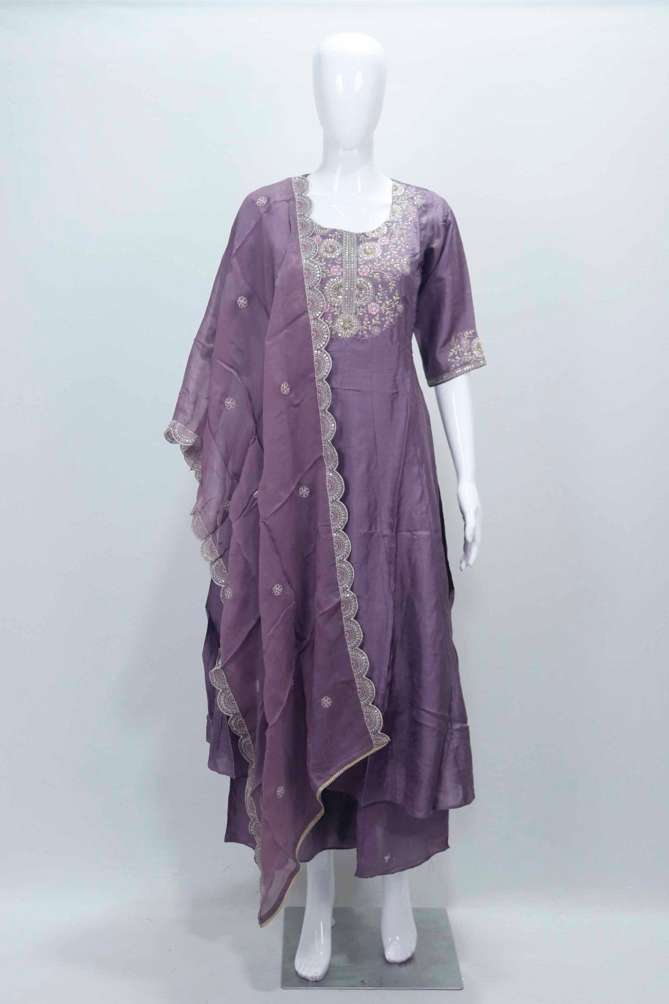 Purple Embroidered Pashmina Silk Straight Suit Set with Scalloped Dupatta - Mangaldeep NX