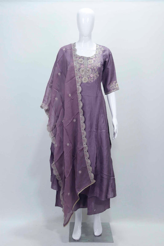 Purple Embroidered Pashmina Silk Straight Suit Set with Scalloped Dupatta - Mangaldeep NX