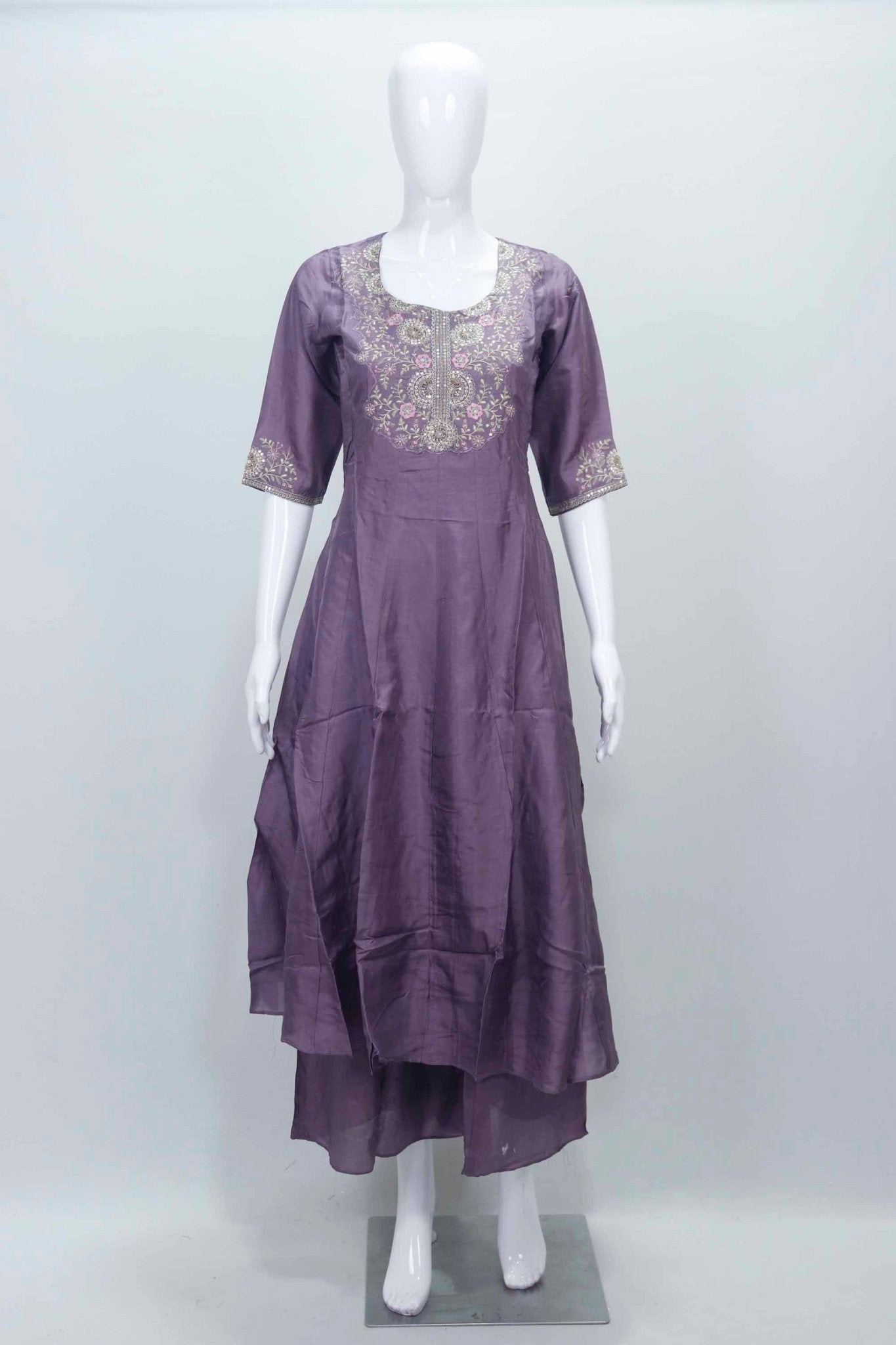 Purple Embroidered Pashmina Silk Straight Suit Set with Scalloped Dupatta - Mangaldeep NX