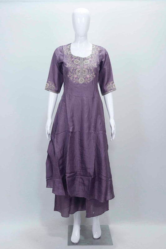 Purple Embroidered Pashmina Silk Straight Suit Set with Scalloped Dupatta - Mangaldeep NX