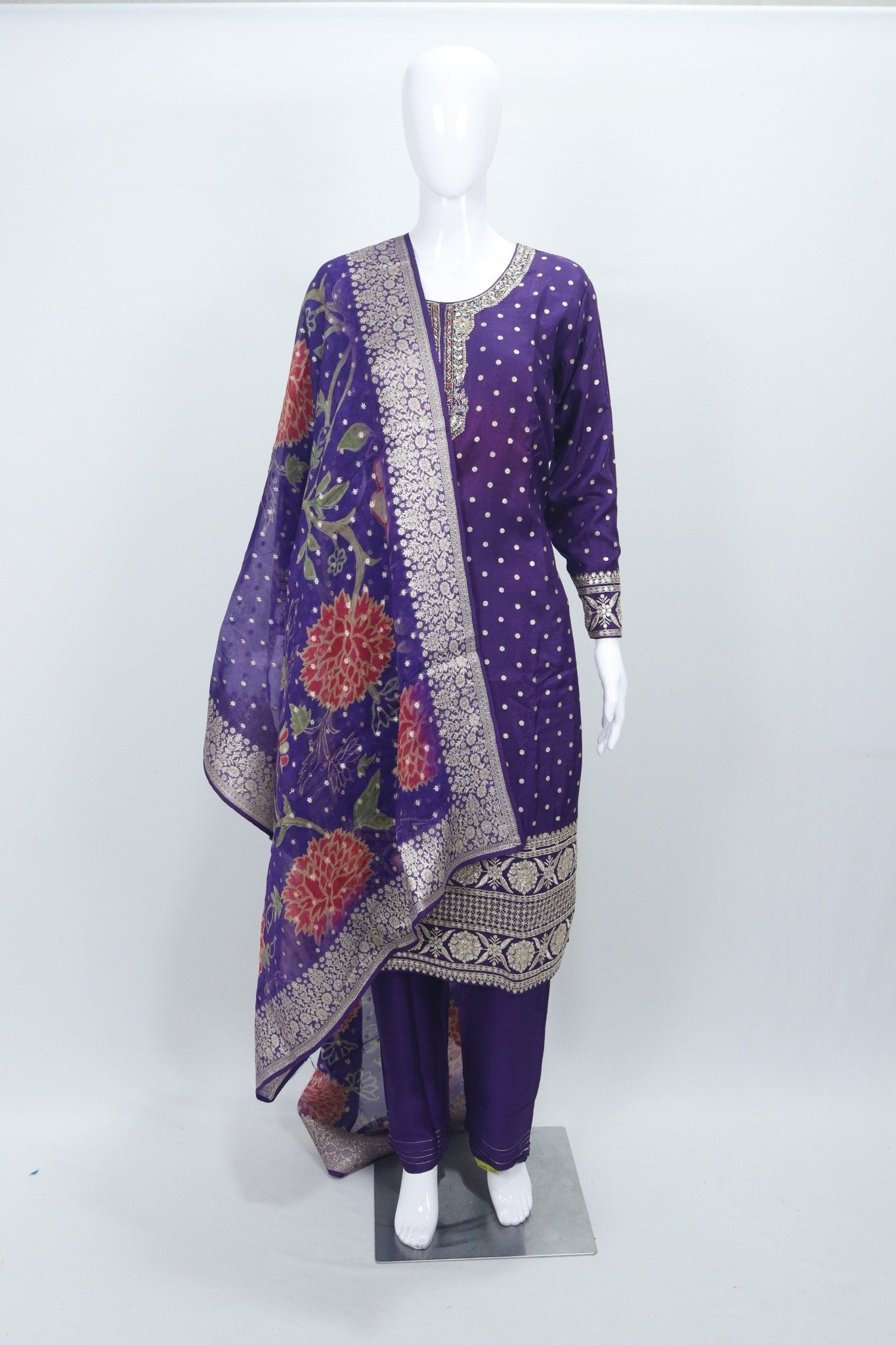 Purple Embroidered Salwar Suit with Floral Printed Dupatta for Women Festive Ethnic Wear - Mangaldeep NX