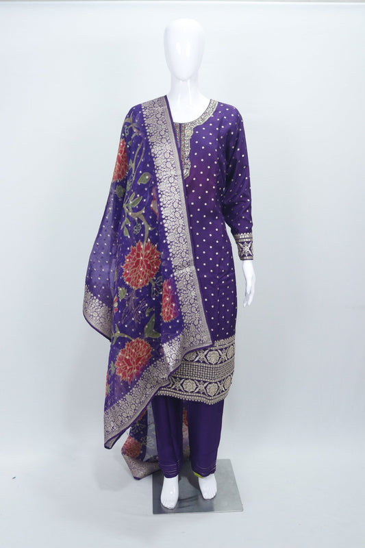 Purple Embroidered Salwar Suit with Floral Printed Dupatta for Women Festive Ethnic Wear - Mangaldeep NX